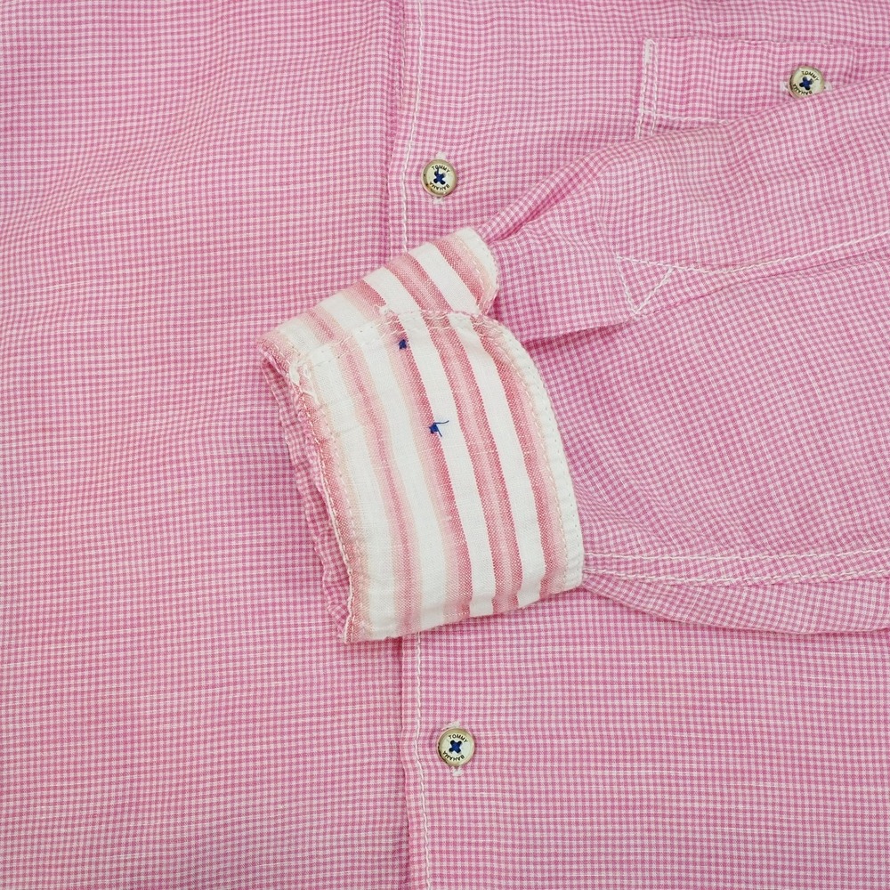Tommy Bahama Button Down Shirt Mens Medium Pink Striped Sand Check Linen - Picture 3 of 4